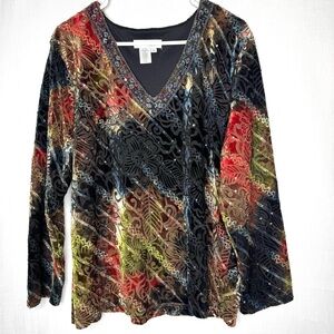 Coldwater Creek Women V Neck Pullover Top Sz 1X Dark Floral Velvet Artsy Holiday